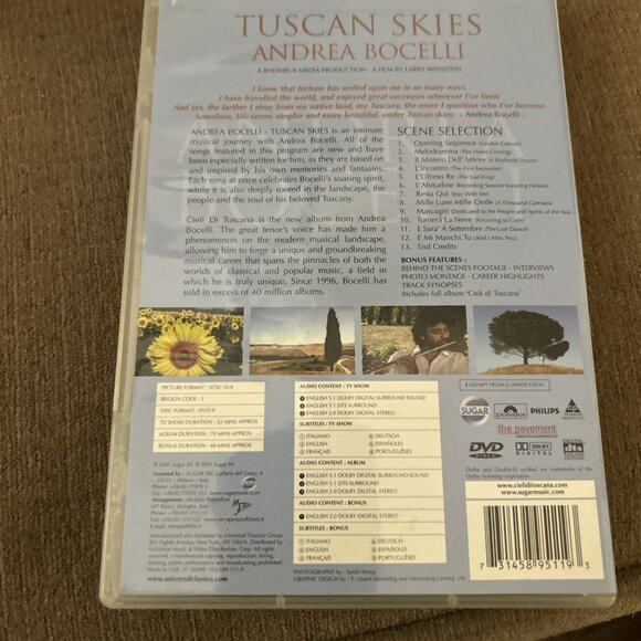 Andrea Bocelli Tuscan Skies DVD, 2002 Movie Cell Di Toscana Preowned Good - Picture 6 of 10